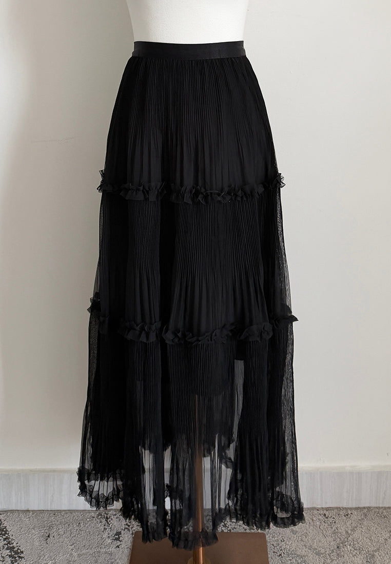 Solene Skirt - Long Pleated Skirt with Layer & Ruffle