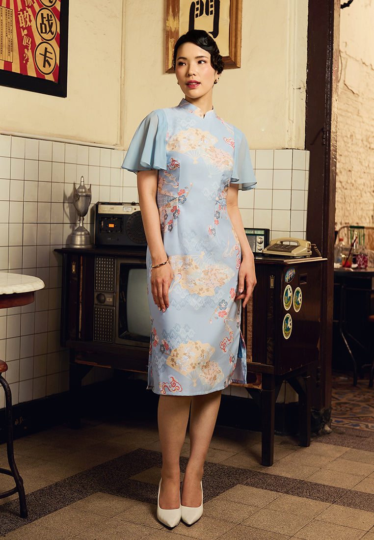 Sully Cheongsam Dress – Floral Print Midi Qipao in Blue (Pre-Order)
