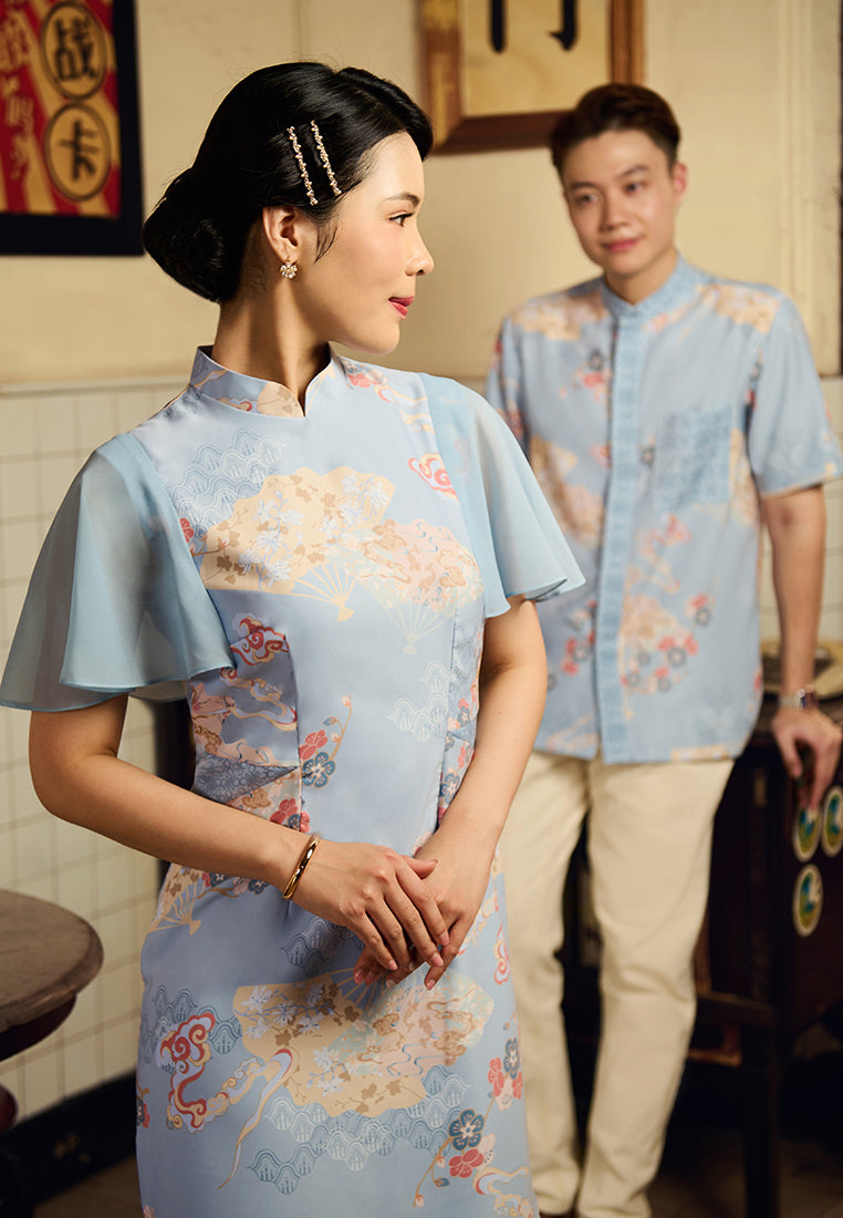 Sully Cheongsam Dress – Floral Print Midi Qipao in Blue (Pre-Order)