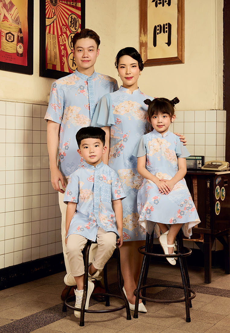 Sully Cheongsam Dress – Floral Print Midi Qipao in Blue (Pre-Order)