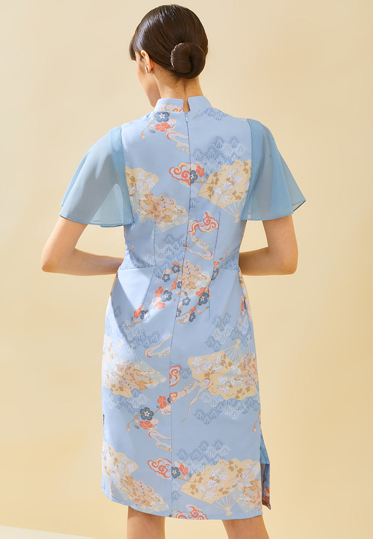 Sully Cheongsam Dress – Floral Print Midi Qipao in Blue (Pre-Order)