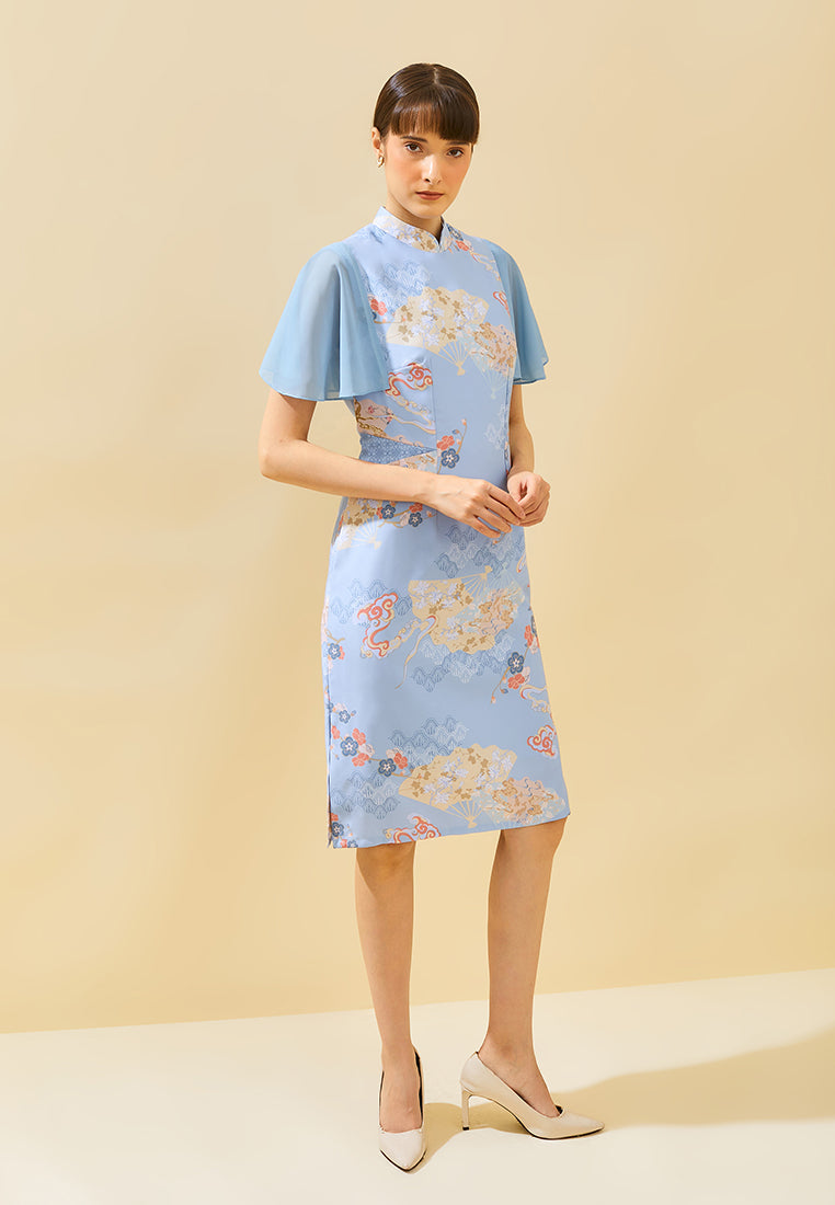Sully Cheongsam Dress – Floral Print Midi Qipao in Blue (Pre-Order)