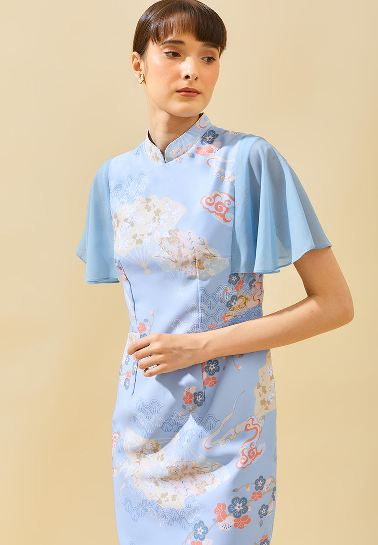 Sully Cheongsam Dress – Floral Print Midi Qipao in Blue (Pre-Order)