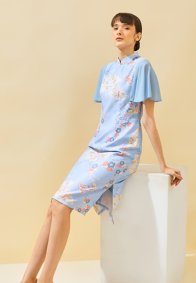 Sully Cheongsam Dress – Floral Print Midi Qipao in Blue (Pre-Order)