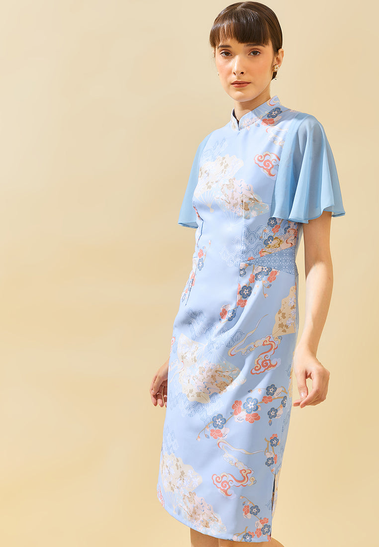 Sully Cheongsam Dress – Floral Print Midi Qipao in Blue (Pre-Order)