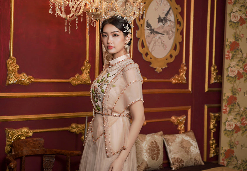 Tashley Cheongsam Dress – Midi Tube Dress in Beige (Pre-Order & Rent)