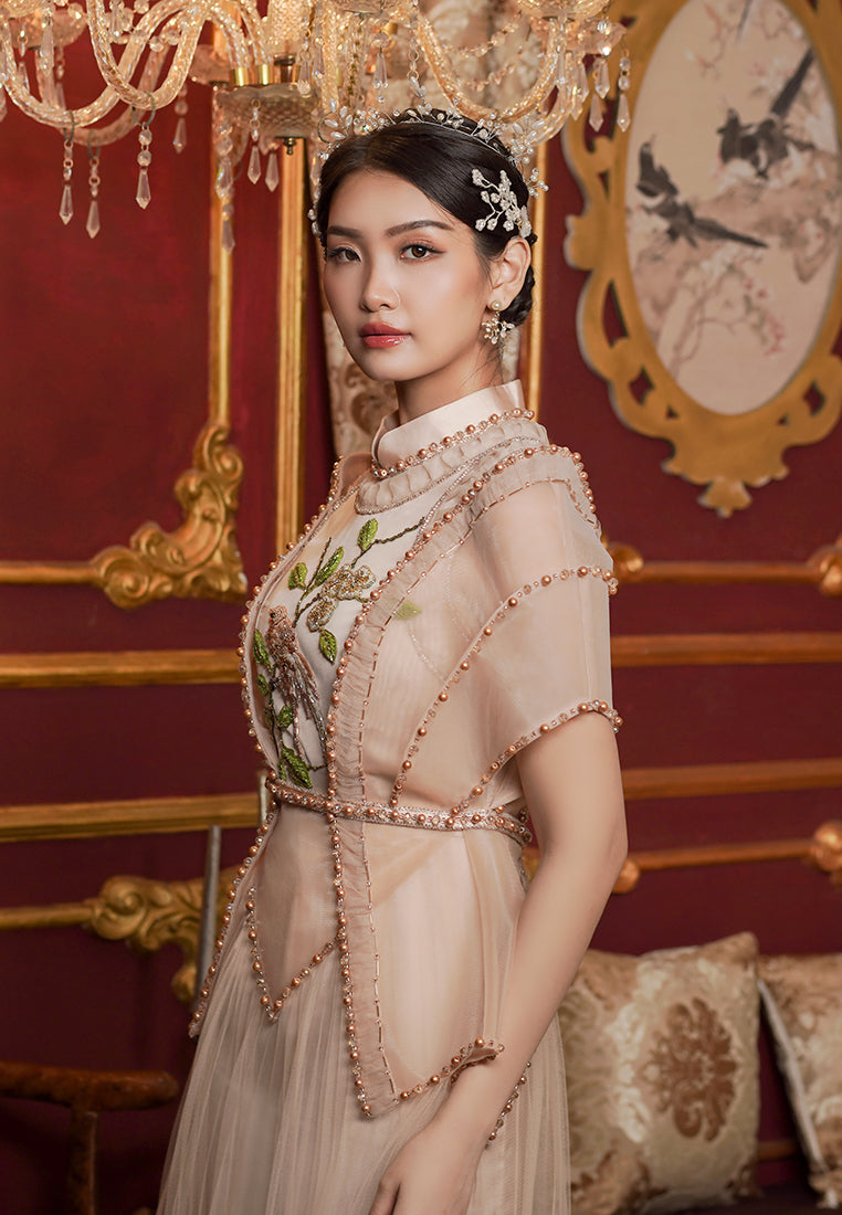 Tashley Cheongsam Dress – Midi Tube Dress in Beige (Pre-Order & Rent)