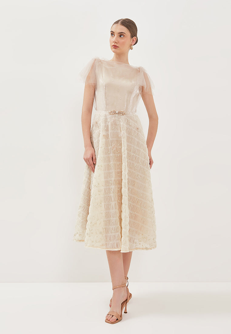 Viella Dress – Midi Satin & Tulle Cowl Neck Flare Dress with Embellished Belt