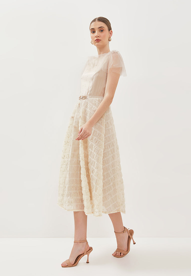 Viella Dress – Midi Satin & Tulle Cowl Neck Flare Dress with Embellished Belt