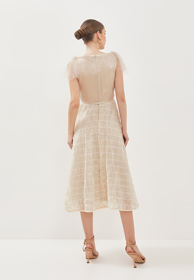 Viella Dress – Midi Satin & Tulle Cowl Neck Flare Dress with Embellished Belt