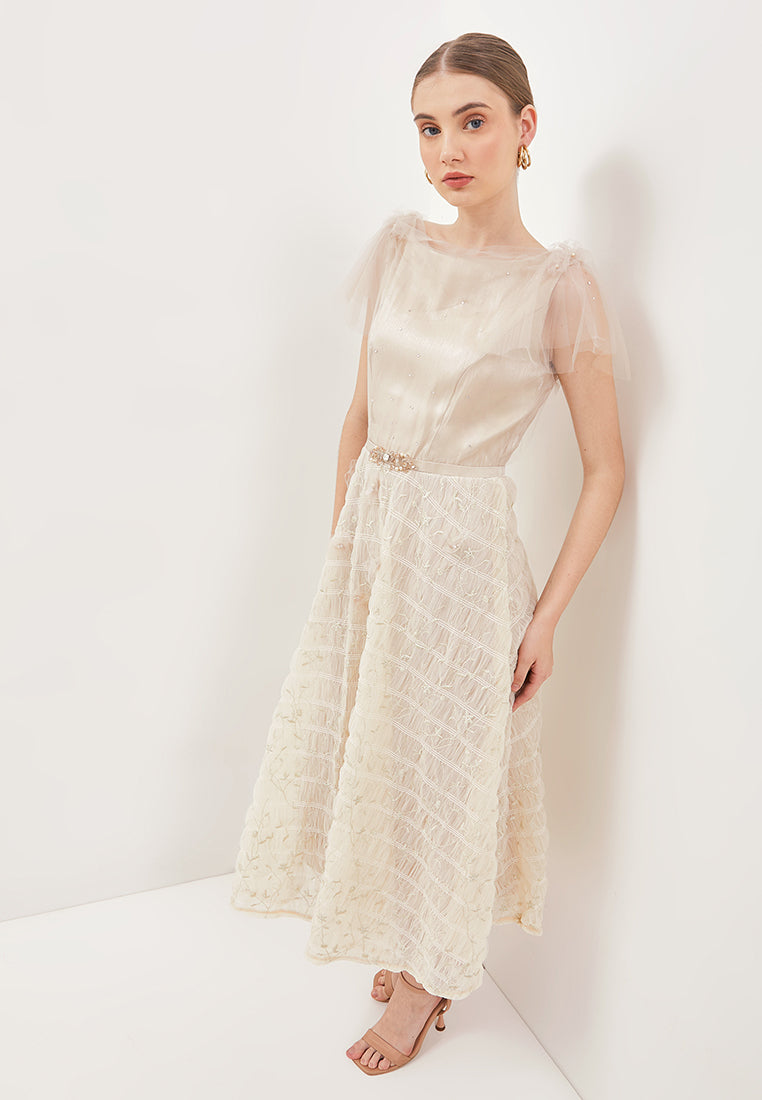 Viella Dress – Midi Satin & Tulle Cowl Neck Flare Dress with Embellished Belt