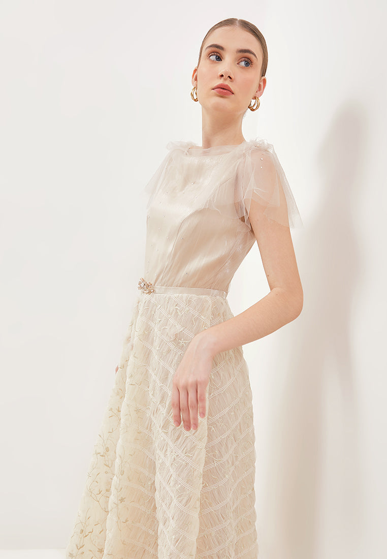 Viella Dress – Midi Satin & Tulle Cowl Neck Flare Dress with Embellished Belt