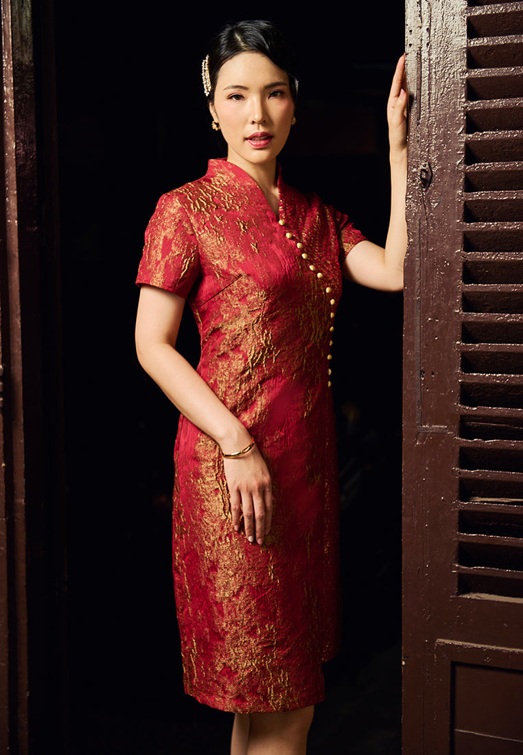 Vienna Cheongsam Dress – Modern Qipao Lace Jacquard Midi Dress in Red & Green