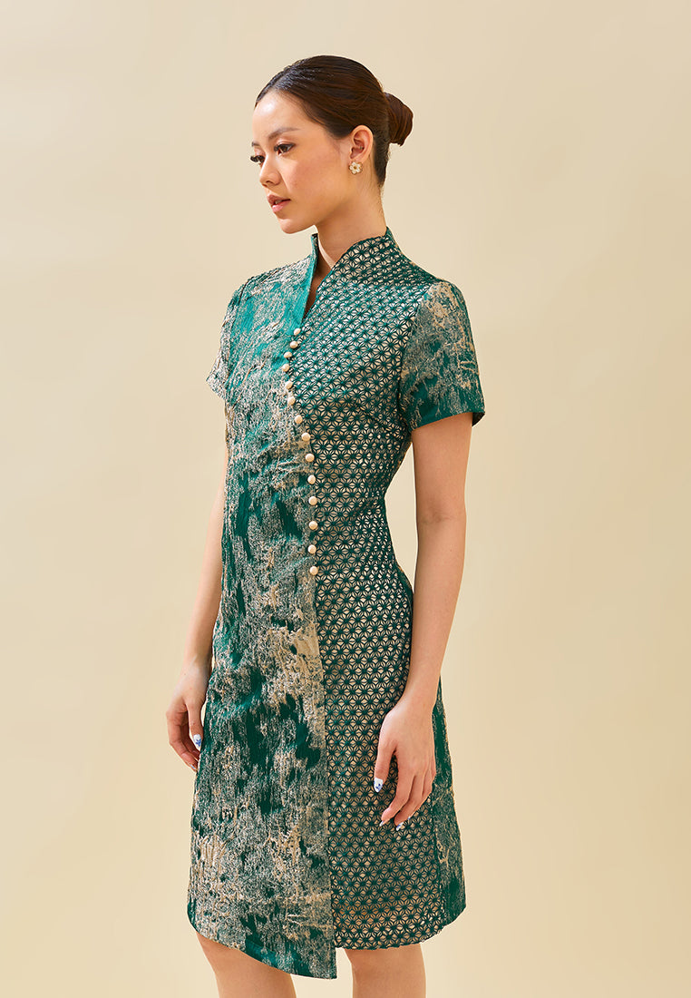 Vienna Cheongsam Dress – Modern Qipao Lace Jacquard Midi Dress in Red & Green