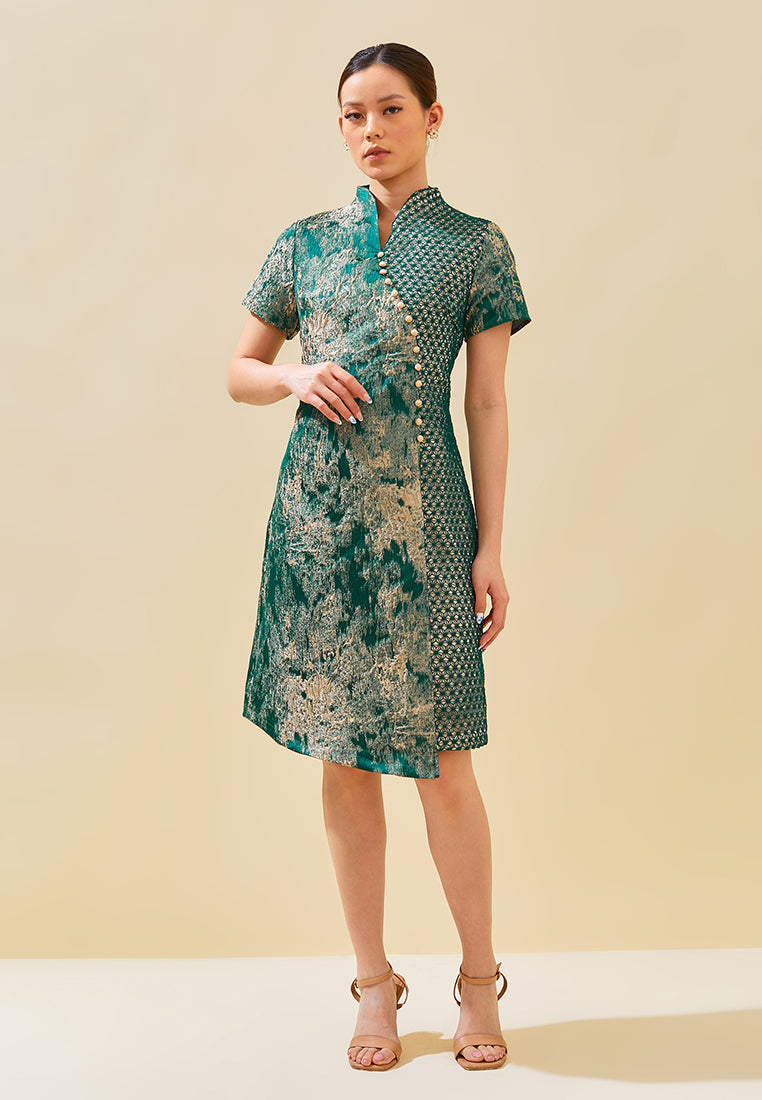 Vienna Cheongsam Dress – Modern Qipao Lace Jacquard Midi Dress in Red & Green