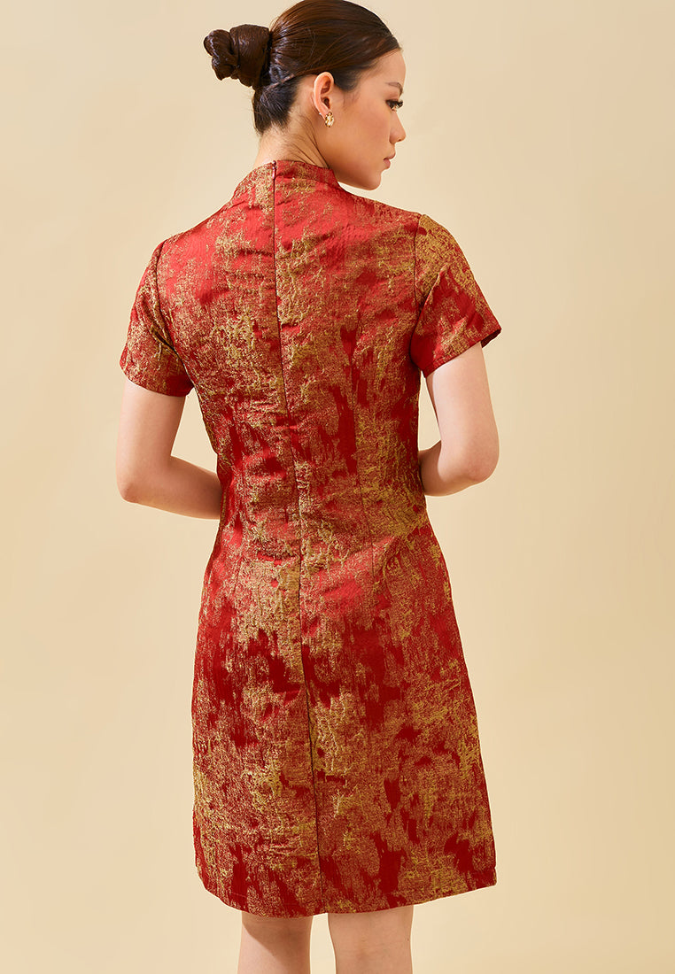 Vienna Cheongsam Dress – Modern Qipao Lace Jacquard Midi Dress in Red & Green
