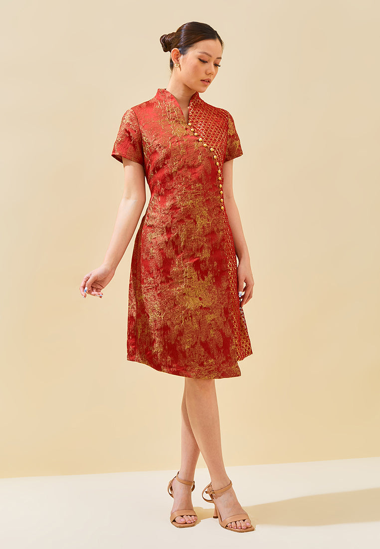 Vienna Cheongsam Dress – Modern Qipao Lace Jacquard Midi Dress in Red & Green