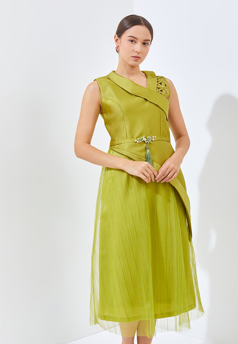 Yora Cheongsam Dress - Midi Asymmetric Neckline Dress