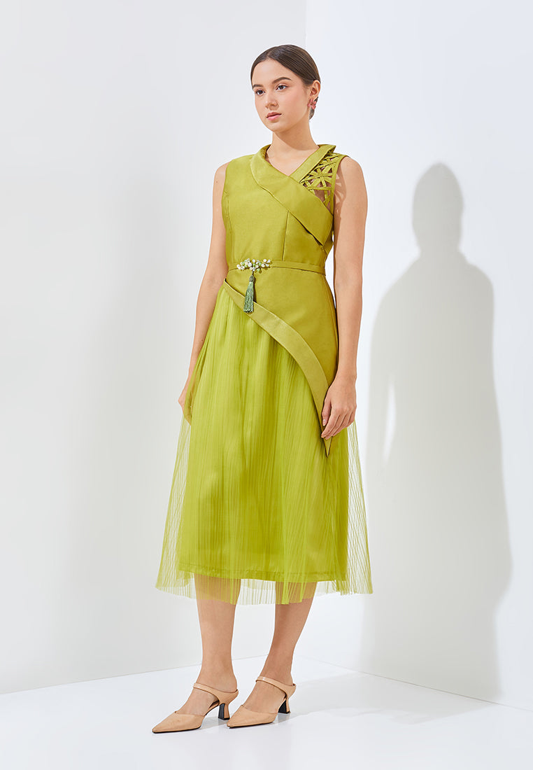 Yora Cheongsam Dress - Midi Asymmetric Neckline Dress