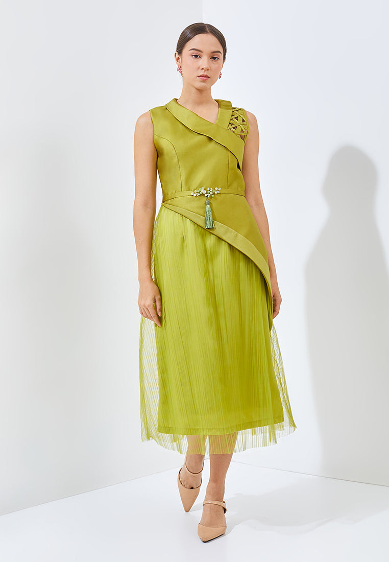 Yora Cheongsam Dress - Midi Asymmetric Neckline Dress