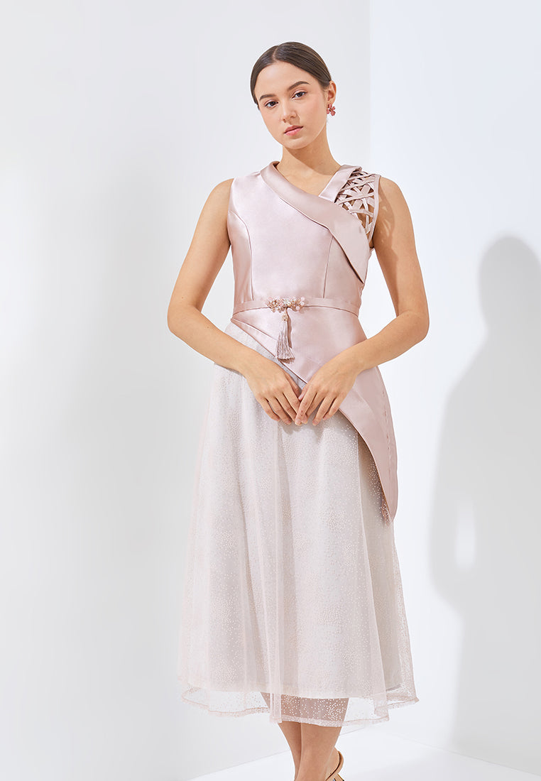Yora Cheongsam Dress - Midi Asymmetric Neckline Dress