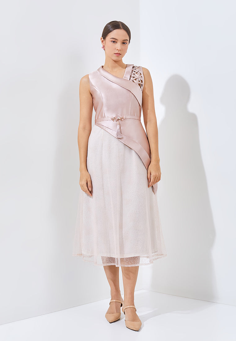 Yora Cheongsam Dress - Midi Asymmetric Neckline Dress
