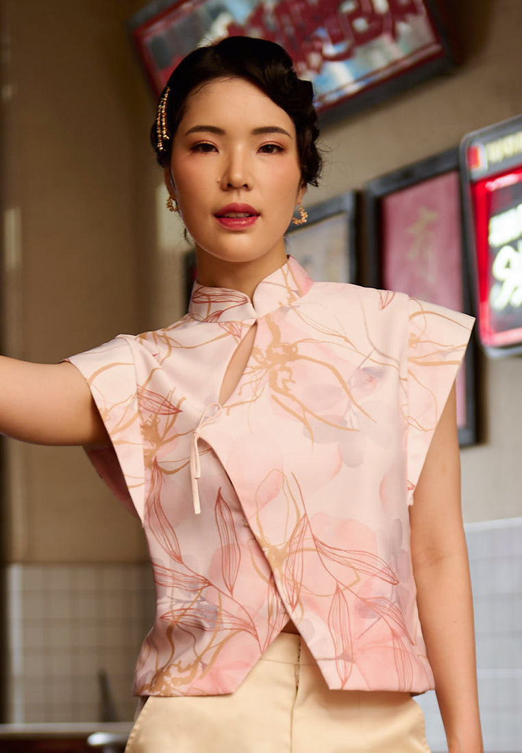 Yuri Cheongsam Top - Flower Printed Top with Mandarin Collar