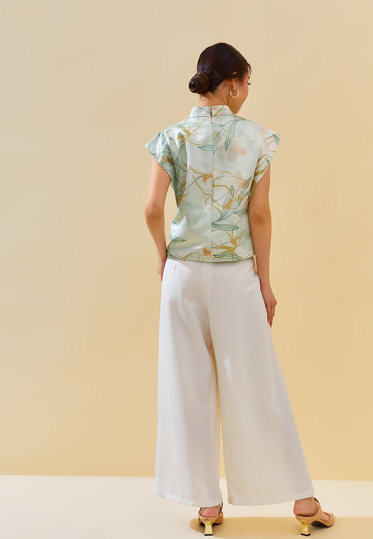 Yuri Cheongsam Top - Flower Printed Top with Mandarin Collar