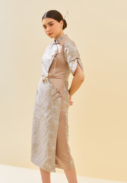 Zanelyn Cheongsam Dress - Satin & Jacquard Midi Dress