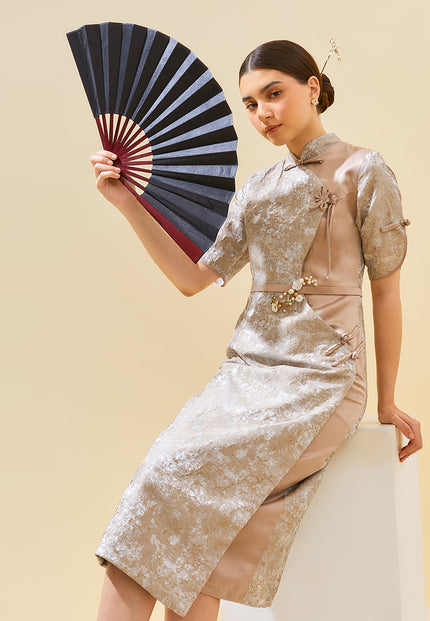 Zanelyn Cheongsam Dress - Satin & Jacquard Midi Dress (Pre-Order)