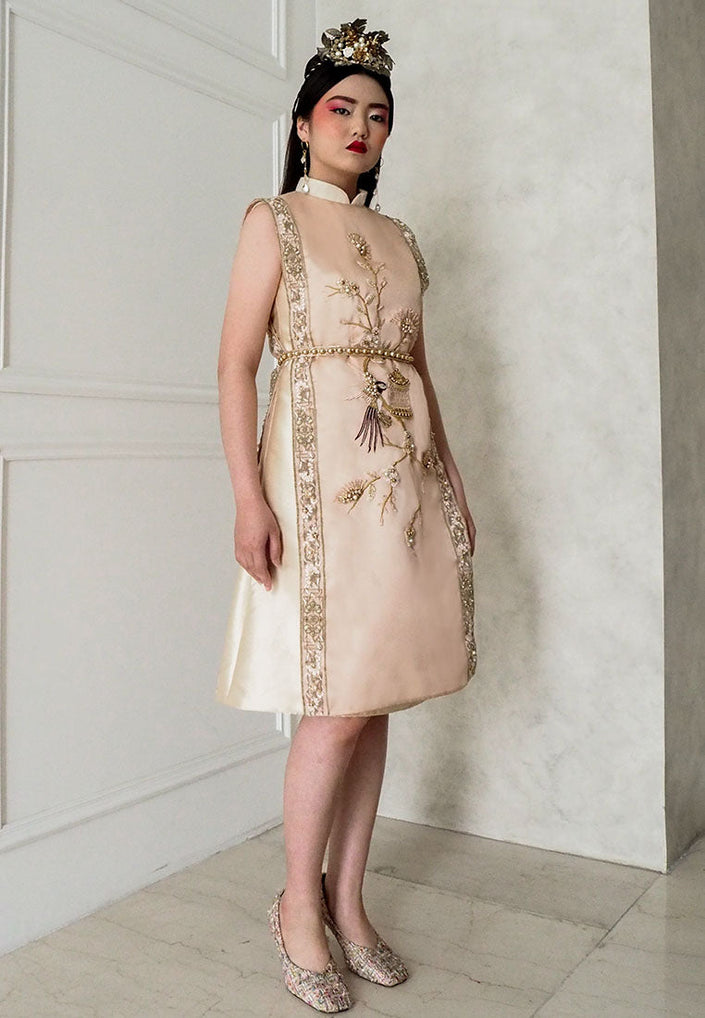 Ashelyn Cheongsam Dress – Duchess Satin Fit & Flare in Red & Gold (Pre-Order & Rent)