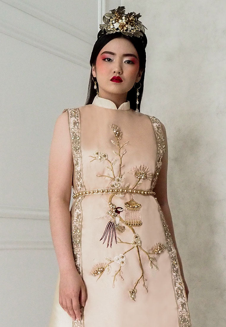 Ashelyn Cheongsam Dress – Duchess Satin Fit & Flare in Red & Gold (Pre-Order & Rent)