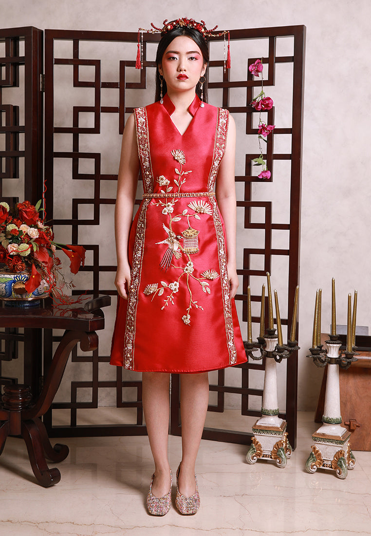 Ashelyn Cheongsam Dress – Duchess Satin Fit & Flare in Red & Gold (Pre-Order & Rent)