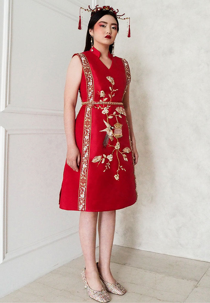 Ashelyn Cheongsam Dress – Duchess Satin Fit & Flare in Red & Gold (Pre-Order & Rent)