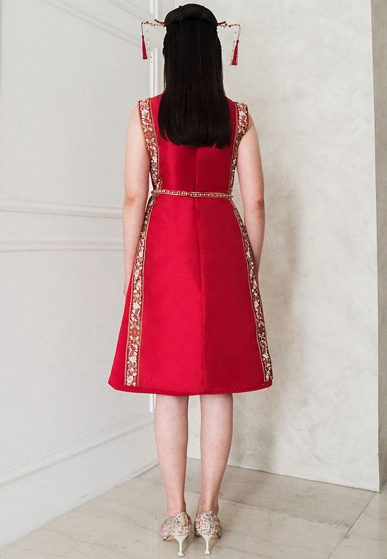 Ashelyn Cheongsam Dress – Duchess Satin Fit & Flare in Red & Gold (Pre-Order & Rent)