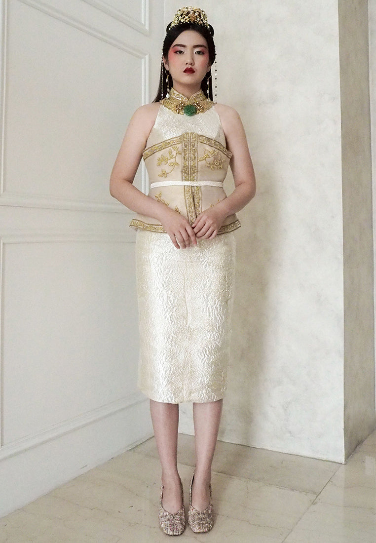 Eris Cheongsam Dress - Halter Midi Dress in Champagne (Pre-Order & Rent)