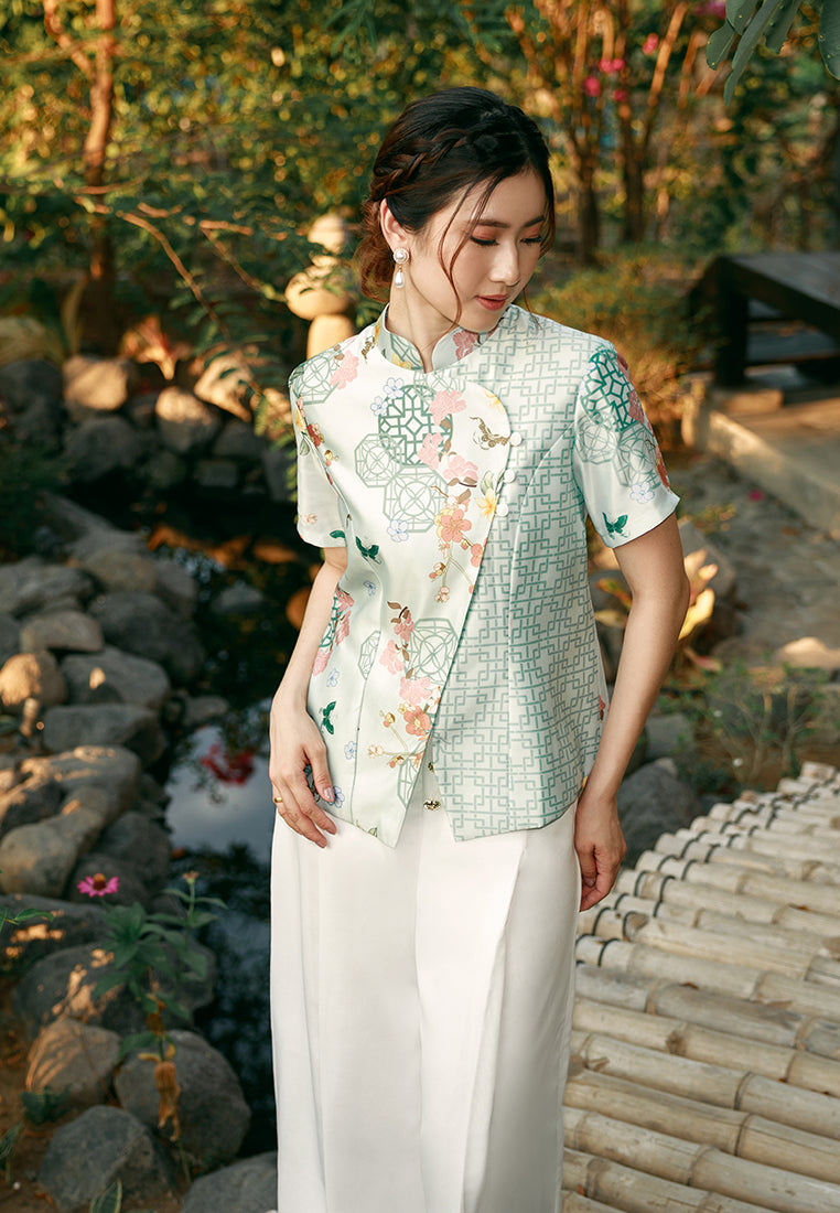 Vinelle Cheongsam Top - Ethnic Green Wrap Top (Pre-Order)