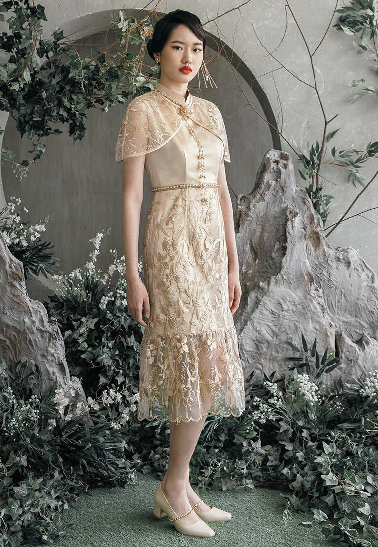 Felory Cheongsam Dress - Silk Satin Lace Dress in Champagne (Pre-Order & Rent)
