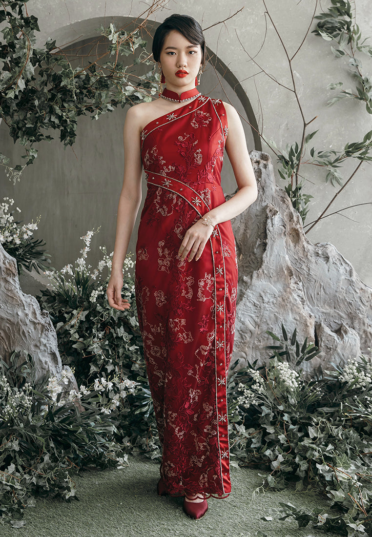 Feyree Cheongsam – Silk Satin & Lace Maxi Dress in Red (Pre-Order & Rent)