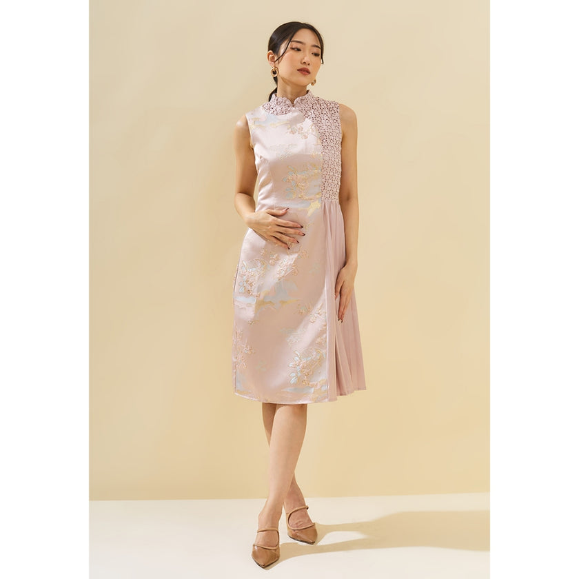 Sierra Cheongsam Dress in Grey & Pink | Jacquard Midi Fit Flared Dress