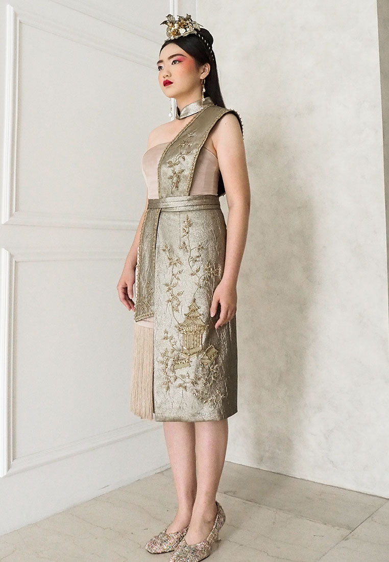 Letty Cheongsam Dress – Pencil Midi Dress in Bronze (Pre-Order & Rent)