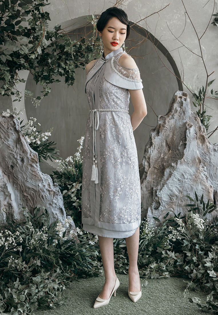 Lunette Cheongsam Dress - Dress with Cape & Tassel in Grey (Pre-Order & Rent)