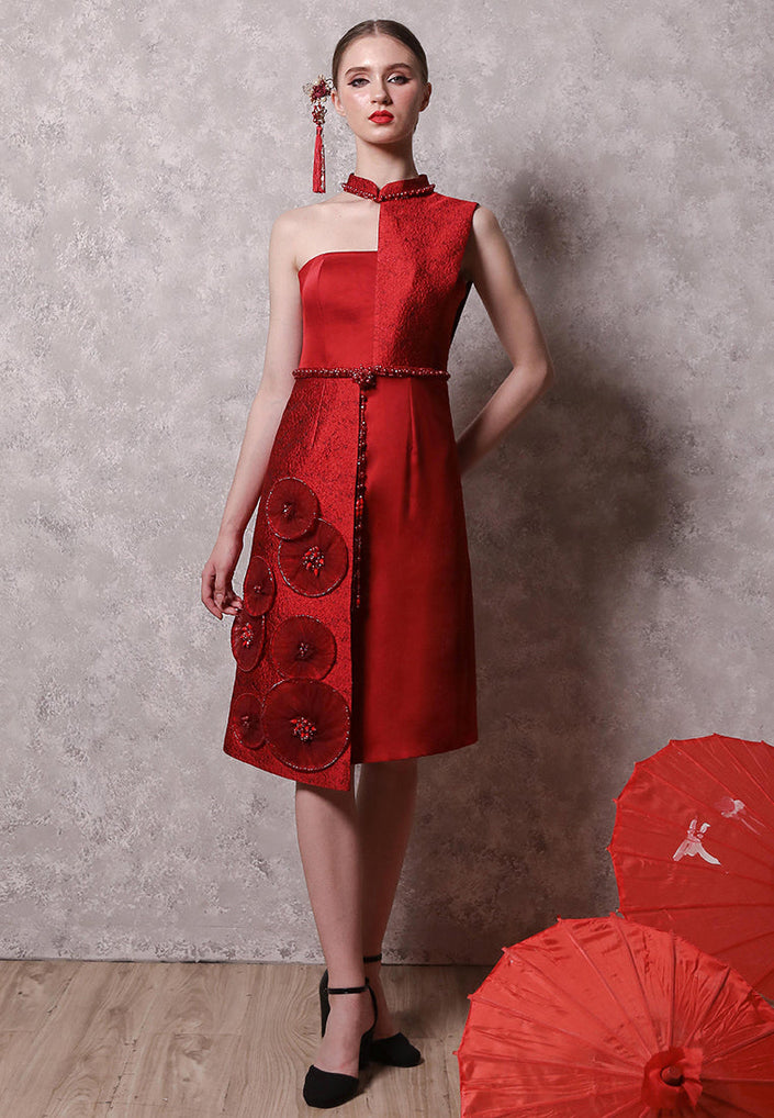 Roulenne Cheongsam Dress – Asymmetrical Jacquard Dress in Red (Pre-Order & Rent)