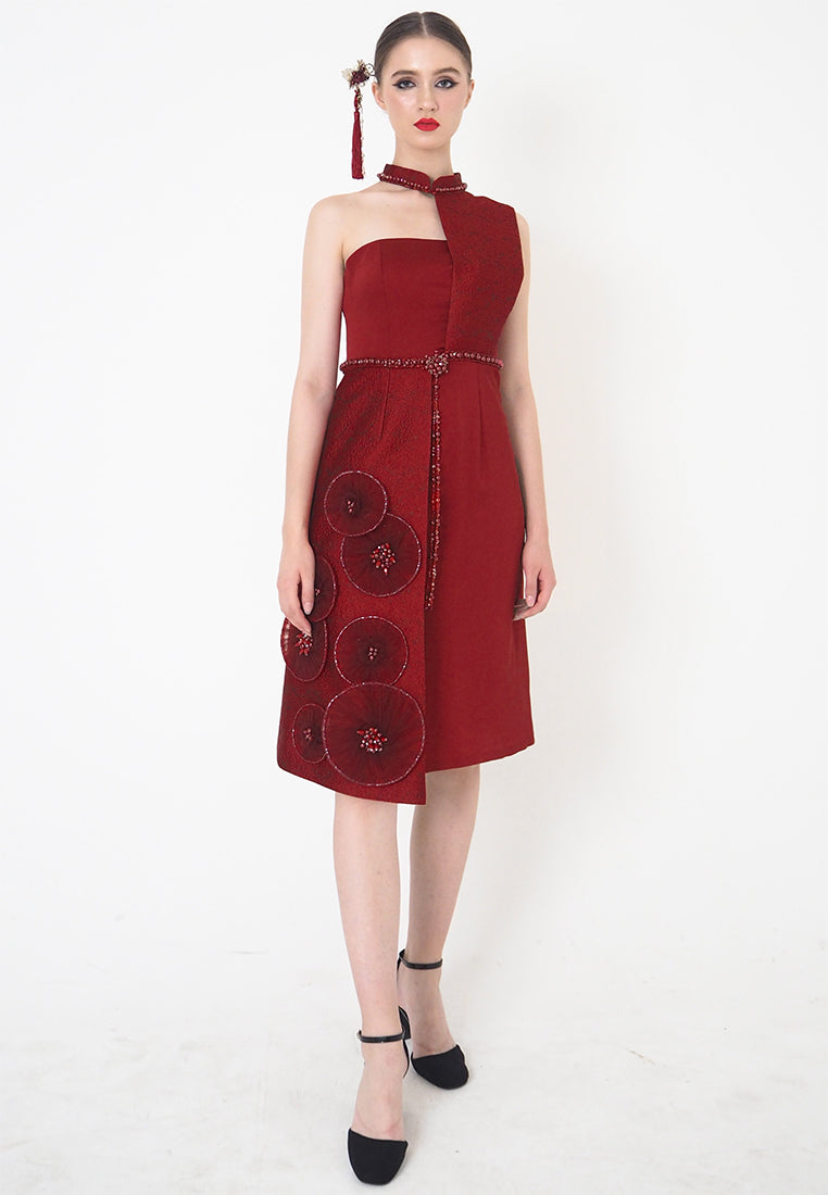 Roulenne Cheongsam Dress – Asymmetrical Jacquard Dress in Red (Pre-Order & Rent)