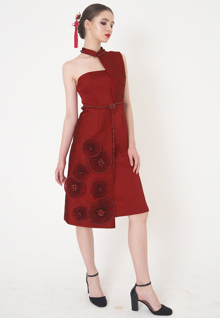 Roulenne Cheongsam Dress – Asymmetrical Jacquard Dress in Red (Pre-Order & Rent)