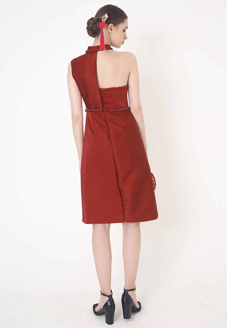 Roulenne Cheongsam Dress – Asymmetrical Jacquard Dress in Red (Pre-Order & Rent)
