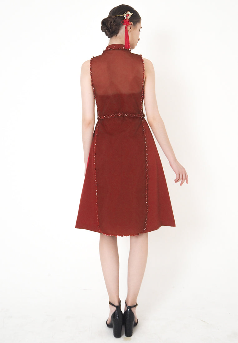 Shannyn Cheongsam Dress – Tube Sheer Cape Dress in Red & Gold (Pre-Order & Rent)